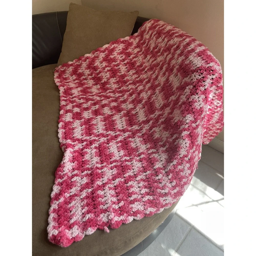 Handmade Crochet Baby Blanket Pink White Variegated Wave Pattern 34x34 Square